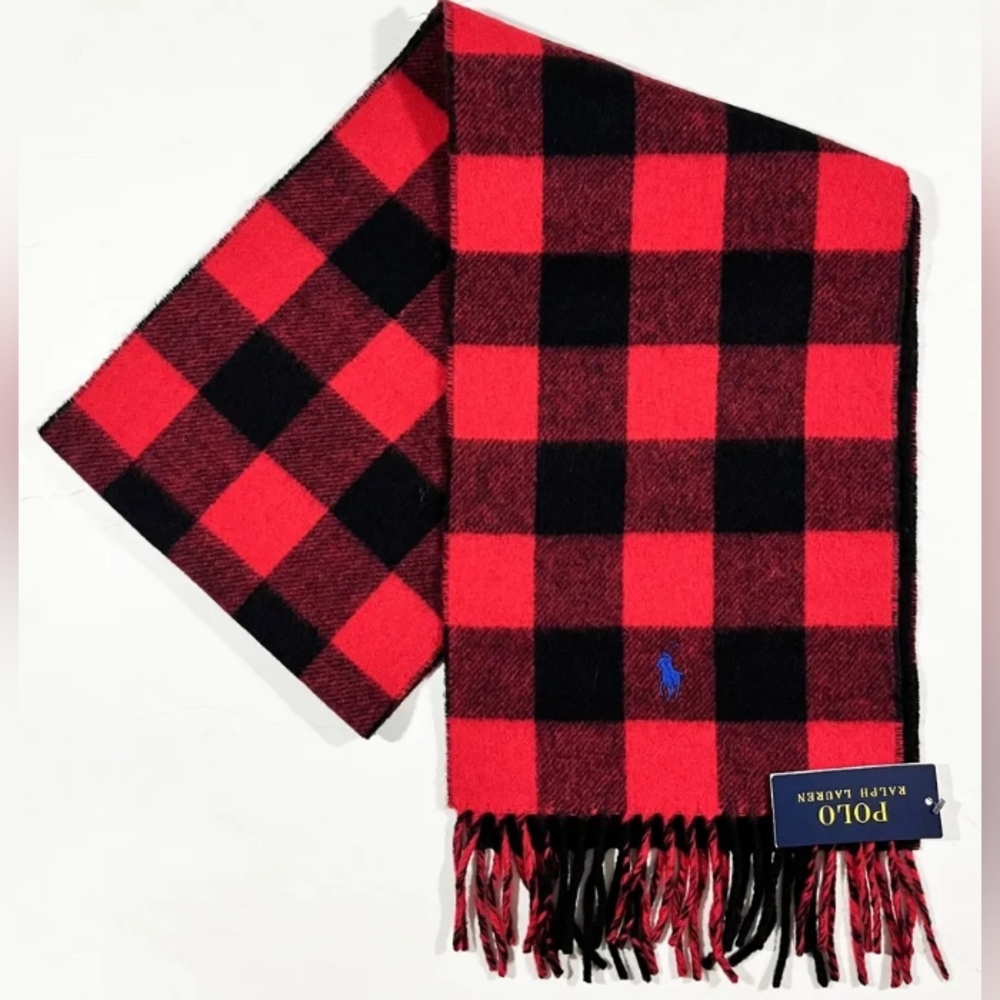 Men's Polo Ralph Lauren Red Black Plaid Wool Logo Scarf Muffler Italy